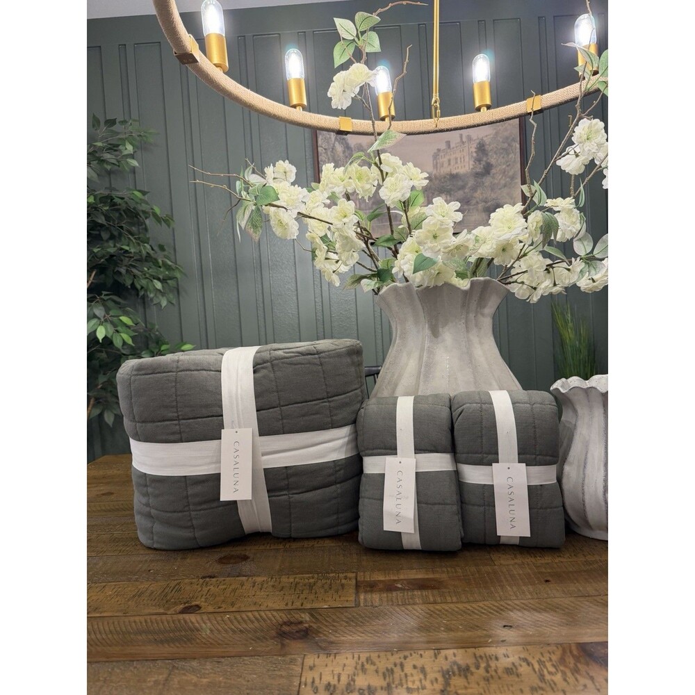 BUNDLE DEAL King Linen Blend Quilt & Shams Dark Olive - Casaluna NEW